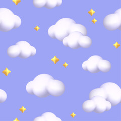 Seamless pattern with 3d white cloud and golden stars on blue background. Vector illustration for postcard, icons, poster, banner, web, design, arts, print for packaging, fabrics, wallpapers.