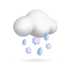 Vector 3d icon isolated on white background. Weather icon. White cloud with blue snow, snowflakes and drops of rain. Vector illustration for postcard, icons, poster, banner, web, design, arts.