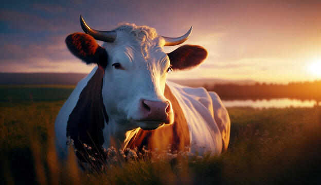 cow at green field portrait new quality stock image animal illustration desktop wallpaper design, Generative AI