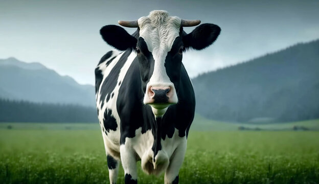 cow at green field portrait new quality stock image animal illustration desktop wallpaper design, Generative AI © Serhii