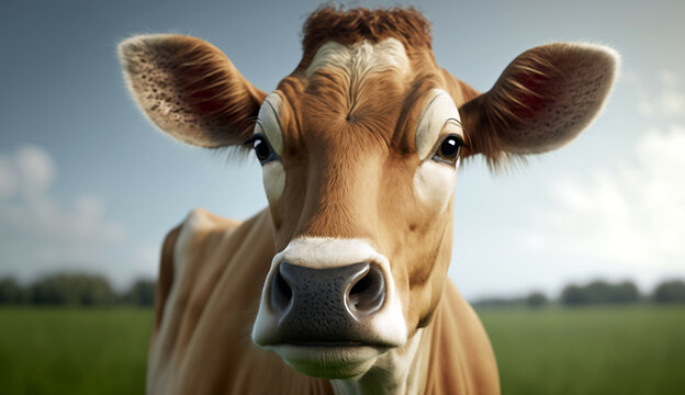 cow at green field portrait new quality stock image animal illustration desktop wallpaper design, Generative AI