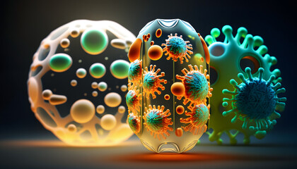 Colony Color bacteria and viruses of various shapes banner background. Concept of science and medicine. AI generation