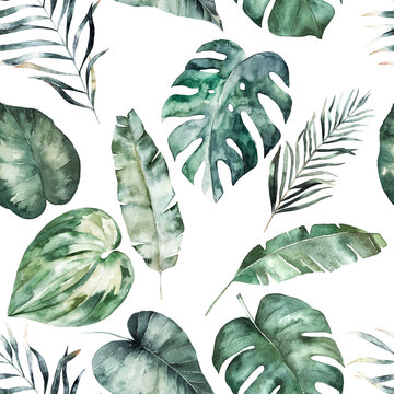 Tropical seamless pattern with  palm leaves. Watercolor  print on white background. Summer hand drawn illustration