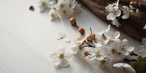 Obraz na płótnie Canvas spring flowers on a bright wood ground with copyspace, mockup, generative ai