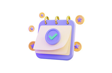 calendar icon with check mark and honor badge on white background 3d render concept
