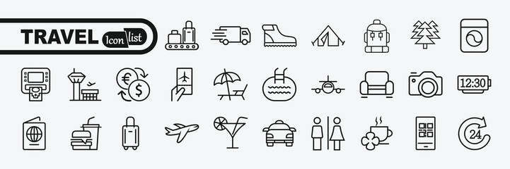 Fototapeta premium Simple Set of Travel Related Vector Line Icons. 