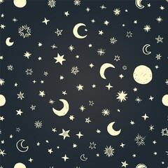 Obraz na płótnie Canvas moon, star and crescent illustration, hand-painted watercolor stars, seamless pattern with stars and moon