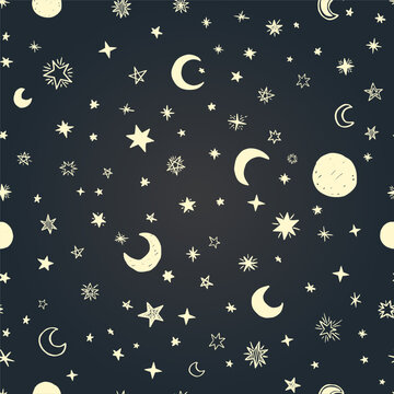 moon, star and crescent illustration, hand-painted watercolor stars, seamless pattern with stars and moon