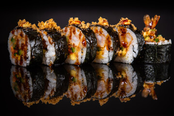 Assorted sushi rolls with salmon tuna cucumber and sesame seeds on dark background © Lemonade
