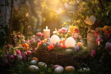 Fototapeta na wymiar Easter celebration in a blooming garden lit by the warm glow of the rising sun