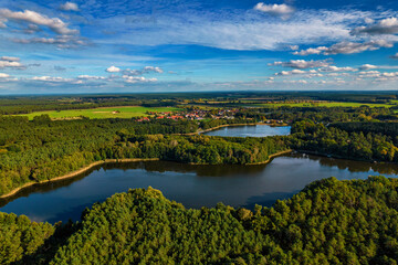 Fototapeta premium Aerial shot of beautiful lake surrounded by forest in a calm autumn day. Germany.