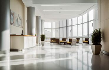Fototapeta premium Generative AI illustration of a medical clinic waiting room with modern furniture and natural light coming through the window