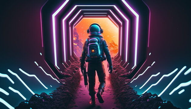 Picture of astronaut - man or woman in suit with helmet, in front of iluminator