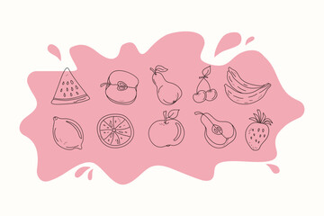 Set Icons of juicy fruits in whole and in slices.    Juice drops, abstract fruits. Doodle style. Drawings with black outline on colored spots. Vector graphics. Isolated background.