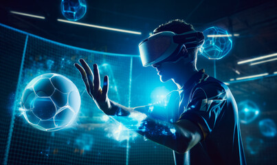 Fototapeta na wymiar Football player wearing device VR glasses. Cyber sportsman holding hand near the ball soaring in the air. Neon images around. Generative AI.