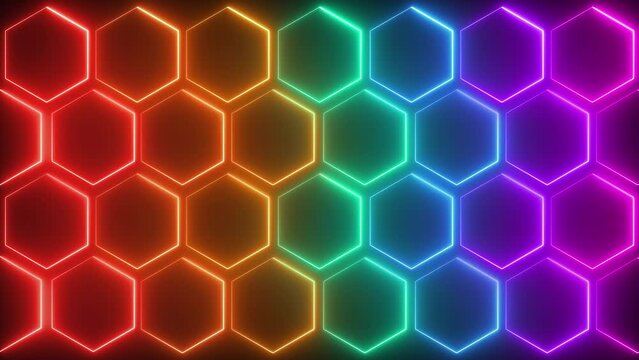 abstract background with neon glowing colorful hexagon pattern seamless looping animation. 4K footage