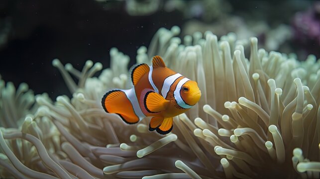 A pair of clownfish swimming in and out of an anemone