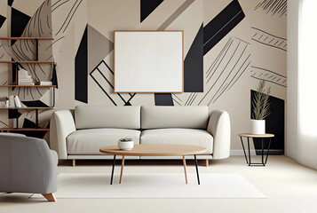mockup of a blank poster in a modern living room with minimal furniture and abstract wallpaper