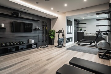 A spacious and functional home gym with rubberized flooring, a set of free weights, and a wall - mounted TV