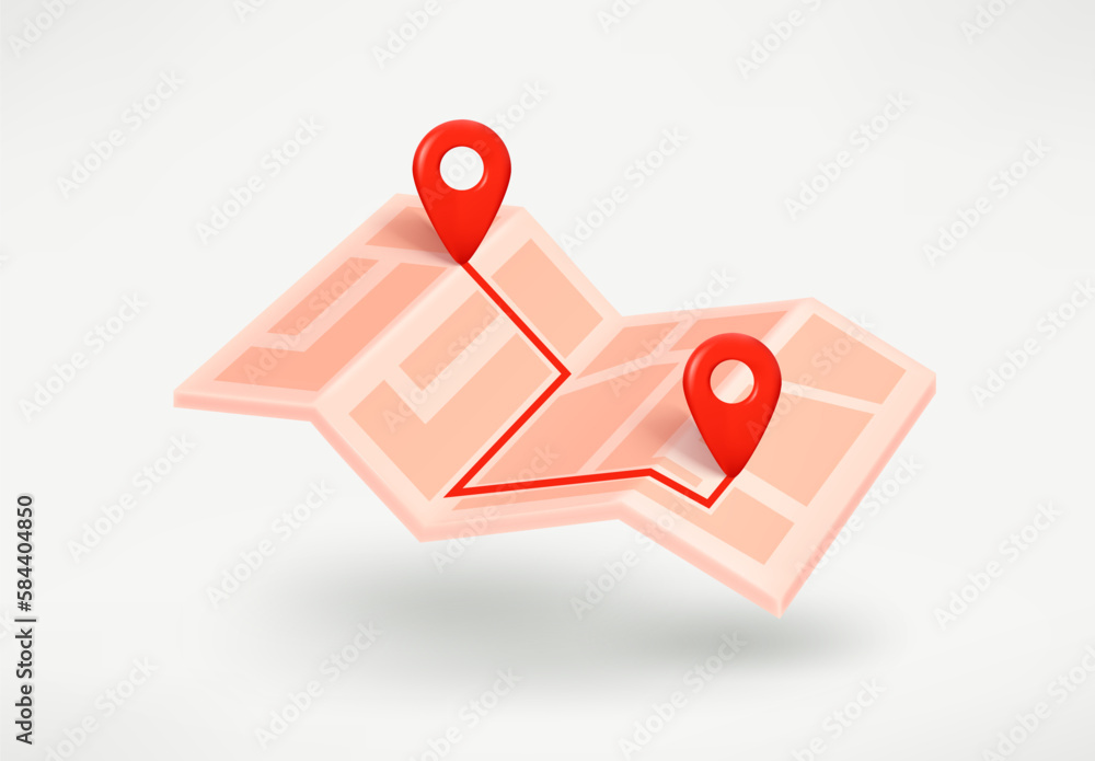 Aufkleber paper map with the way coordinates. 3d vector illustration