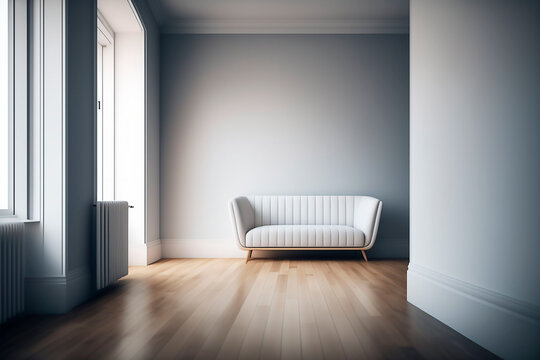 An empty minimalist and modern room with white wall and a sofa and a wooden floor. 3d Style Interior design. Generative AI.