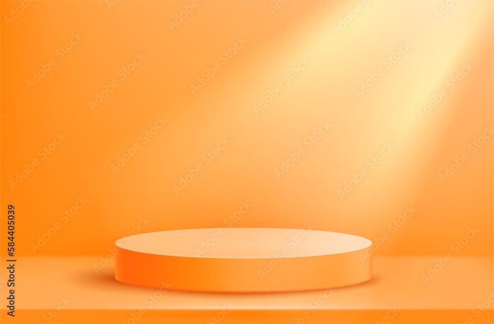 Poster Empty illuminated room with circle platform and light beam. Realistic 3d immitation vector illustration
