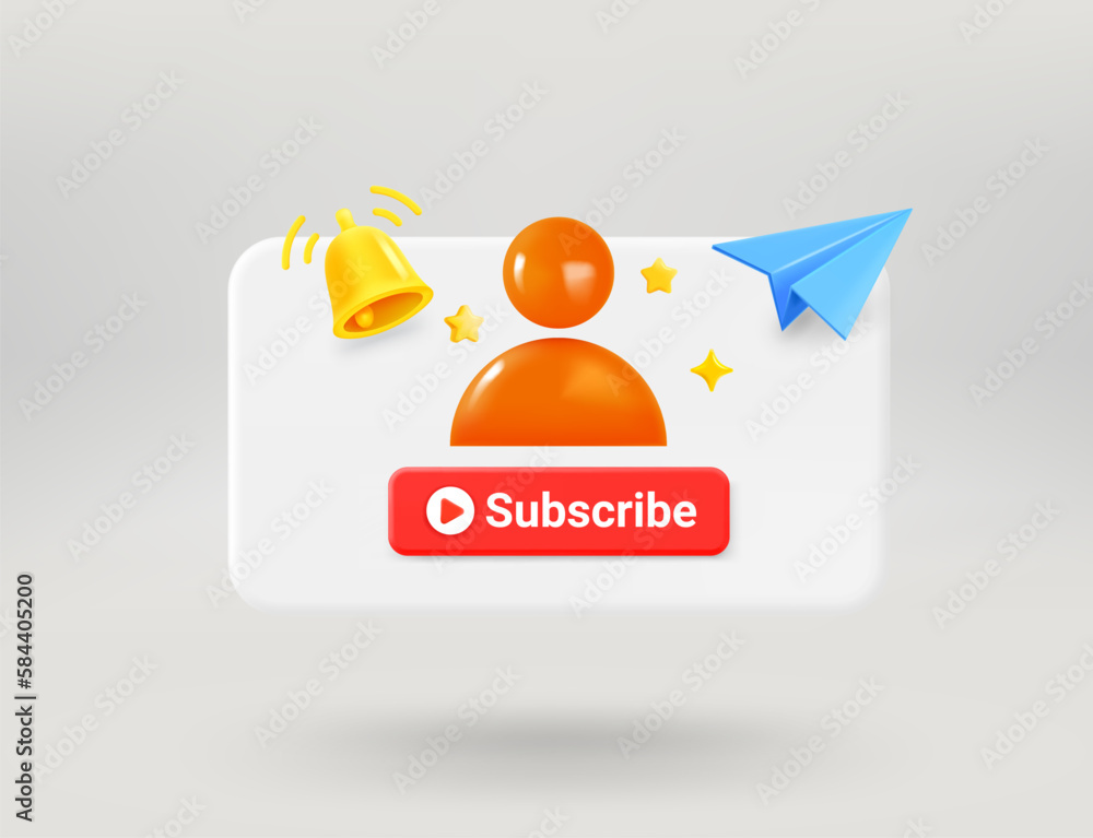 Aufkleber pop up window with red button, blue plane, profile icon and golden bell. subscribe concept. 3d vecto