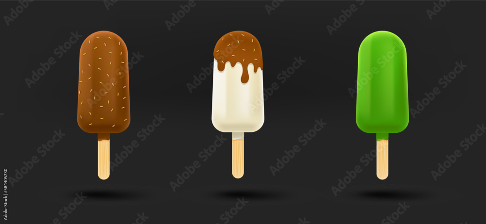 Poster different ice cream icons collection. 3d vector isolated on black background