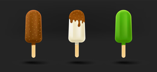 Different ice cream icons collection. 3d vector isolated on black background