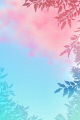 Fototapeta na wymiar Sky Blue Pink Light Pink Background Silhouettes Leafy Branches Vertical Mobile Postcard. Generative AI