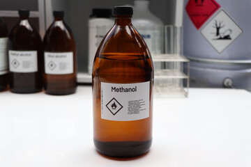 Methanol in glass,Hazardous chemicals and symbols on containers in industry