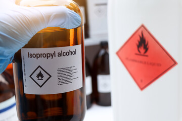 Isopropyl alcohol in glass,Hazardous chemicals and symbols on containers in industry or laboratory