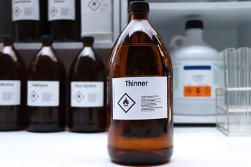 Thinner in glass,Hazardous chemicals and symbols on containers in industry
