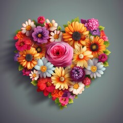 Heart shaped colorful flowers and leaves, generative ai