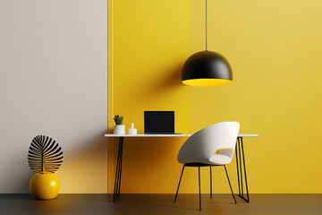 Sunny office interior in white yellow color with empty space on wall and furniture: chair, table, hanging lamp. Minimalist frontal mock up of work place in home room. Generative AI
