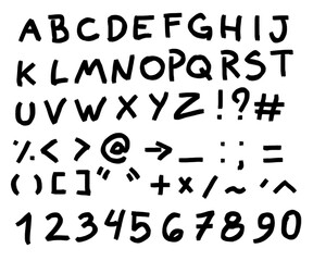 Handmade alphabet. Letters and numbers with irregular shapes, fun characters, loose lettering, typography in black isolated on white background. A to Z, 0 to 9, abc font set design.