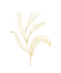 Tropical golden leaf palm tree on white background. Wedding design element. Golden texture botanical art