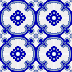 Ceramic tiles. Hydraulic ceramics with Portuguese and Spanish motifs. digital design. Floral decorative ornament in blue and white. Portuguese and Spanish decoration. Vector illustration.