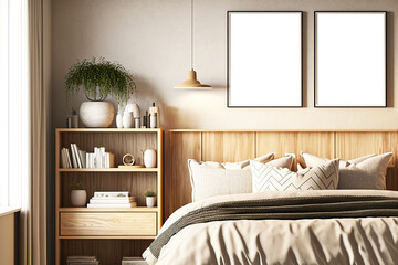 Bedroom interior mockup in beige colors with wooden furniture. Generative AI illustration