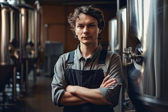 Portrait of brewer in interior of modern brewery. Generative AI illustration