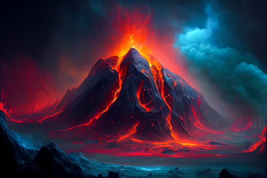 erupting volcano illustration. Generative AI
