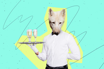Creative strange image collage of luxurious stunning person with white polar wolf head serving...