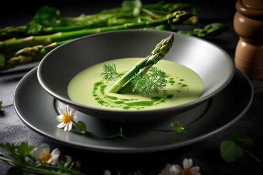 cream of asparagus soup with herbs, generative ai