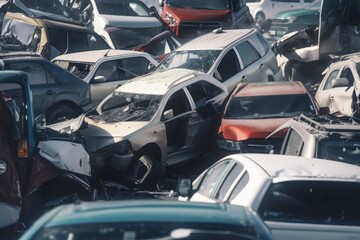 Damaged in heavy car accident vehicles after collision on city street crash site Generative AI