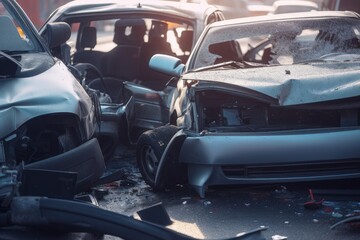 Obraz na płótnie Canvas Damaged in heavy car accident vehicles after collision on city street crash site Generative AI