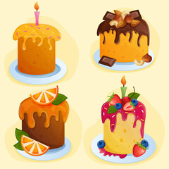 Set of Easter cakes on plates. Easter traditional pastries with candles, fruits, berries, sprinkles, chocolate, nuts. Different cupcakes for bake shop or pastry shop menu. Easter stickers