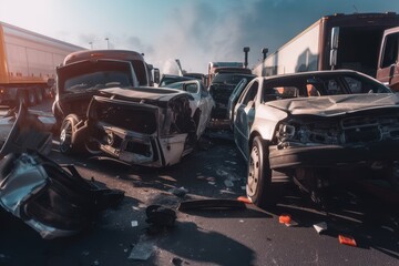 Damaged in heavy car accident vehicles after collision on city street crash site Generative AI