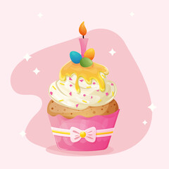 Easter traditional cupcake with candle, sprinkles, cream and decorations. Easter colorful eggs. Cute cartoon cupcake in a pink shape with a bow on a pink background. Easter religious elements