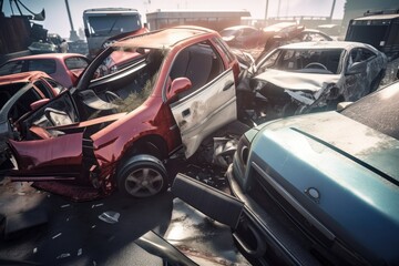 Obraz na płótnie Canvas Damaged in heavy car accident vehicles after collision on city street crash site Generative AI