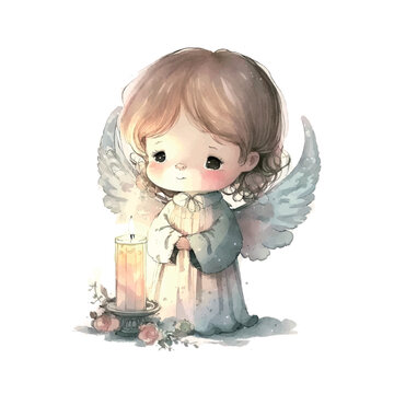 Cute Easter angel with a candle in his hands Watercolor Cartoon Christmas on white background